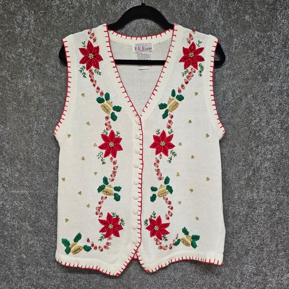 BP Design Vintage Christmas Sweater Vest Poinsettia Bells Beaded, White, Medium